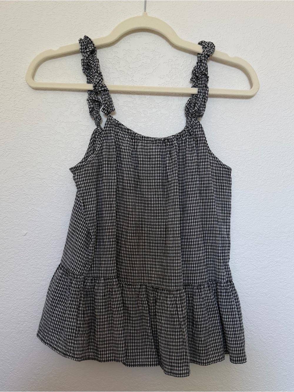 Madewell Black and White Gingham Ruffle Strap Tank